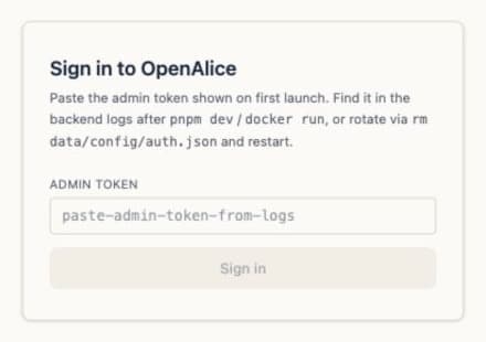 OpenAlice admin-token sign-in screen