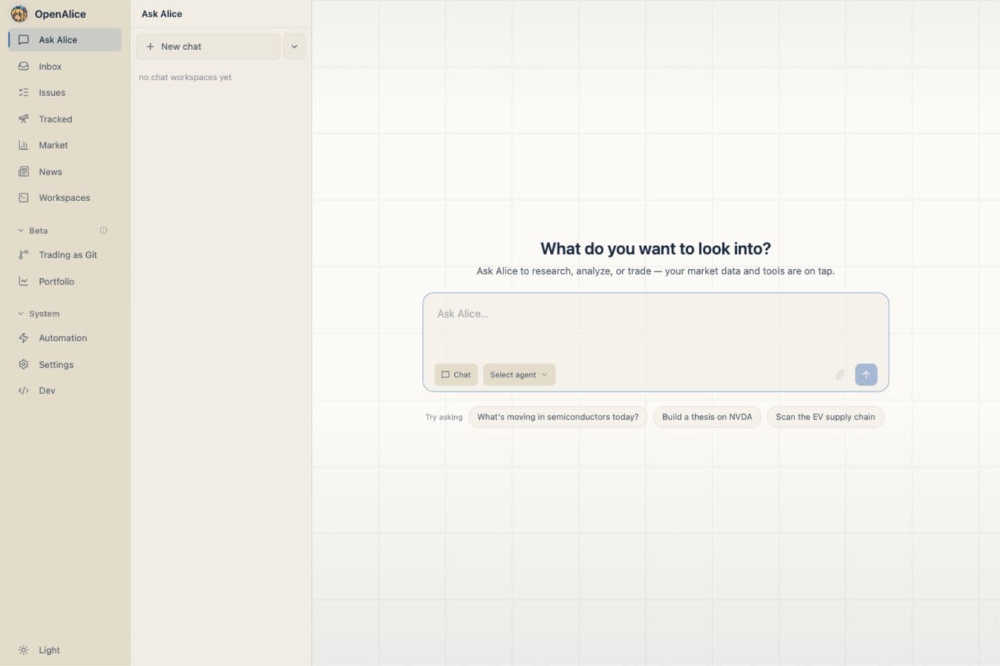 OpenAlice Ask Alice page after signing in to a Docker deployment