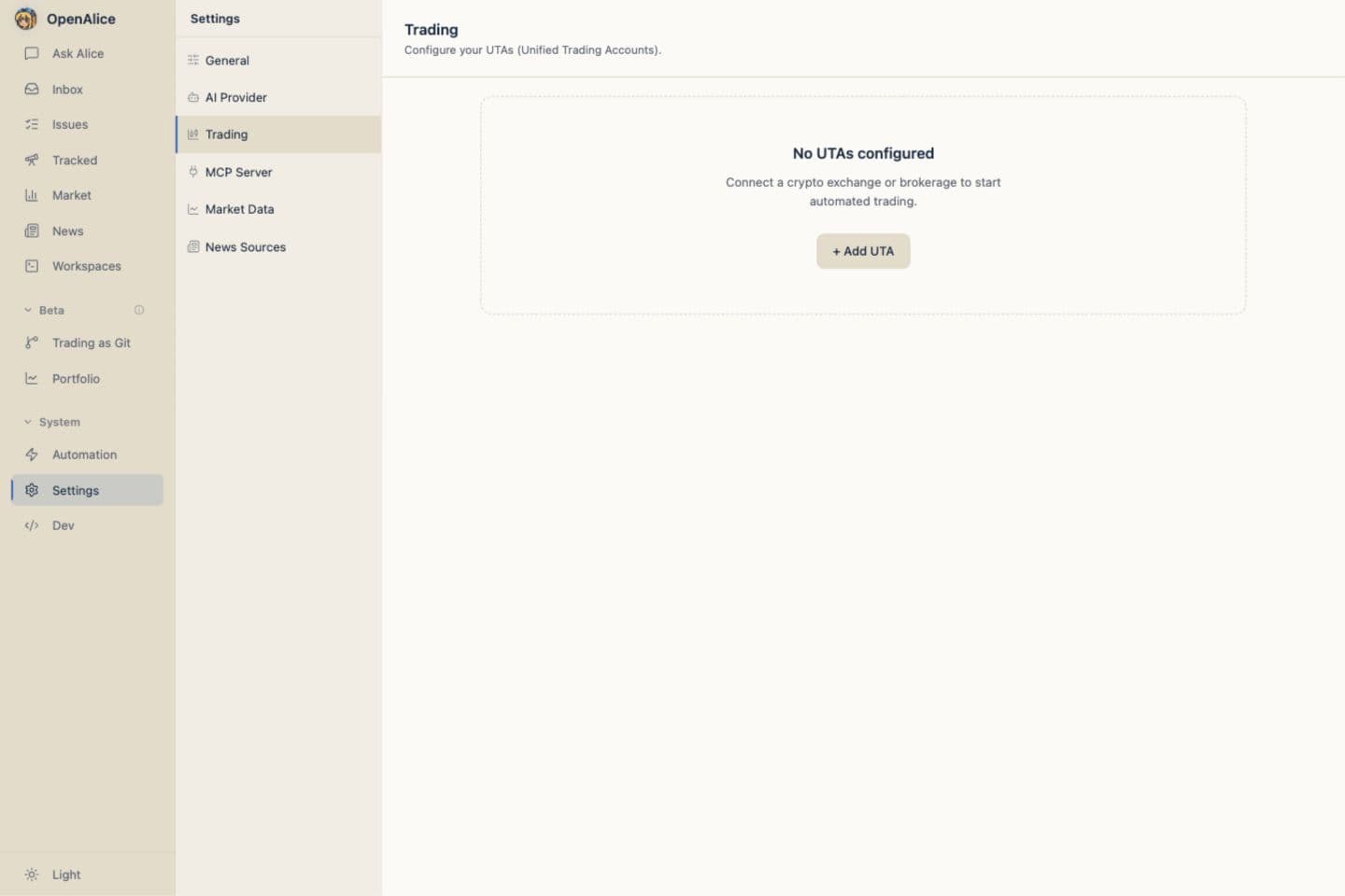 OpenAlice Trading settings, the entry point for adding a Unified Trading Account