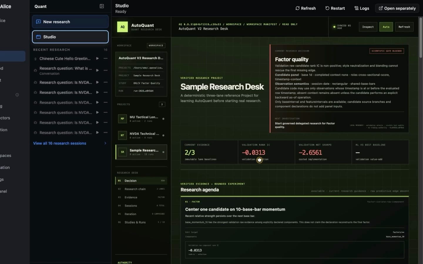 OpenAlice opening the AutoQuant Studio to inspect a research project, validation metrics, and its next experiment