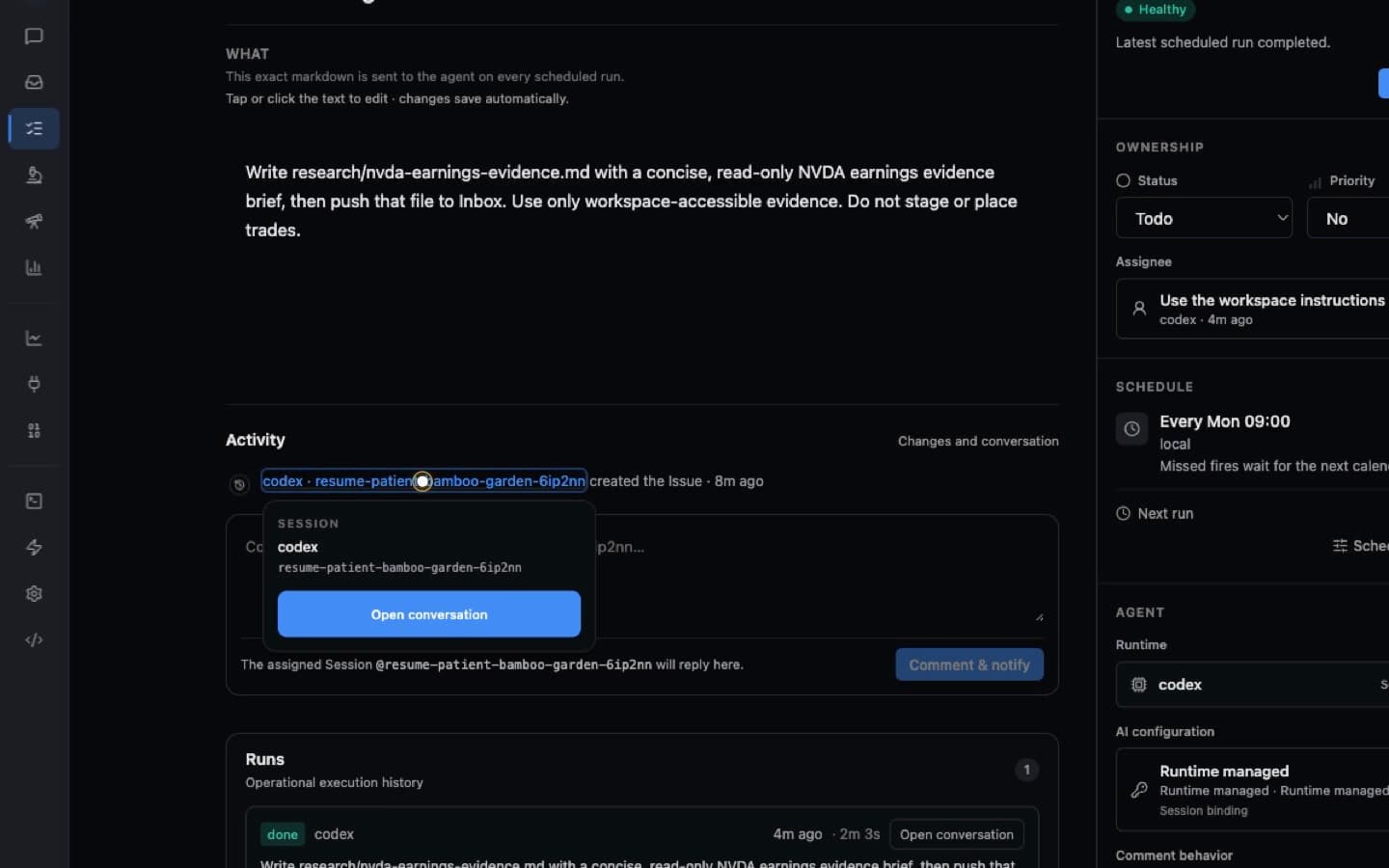 OpenAlice opening a scheduled NVDA research Issue and revealing the same Codex Session that created it